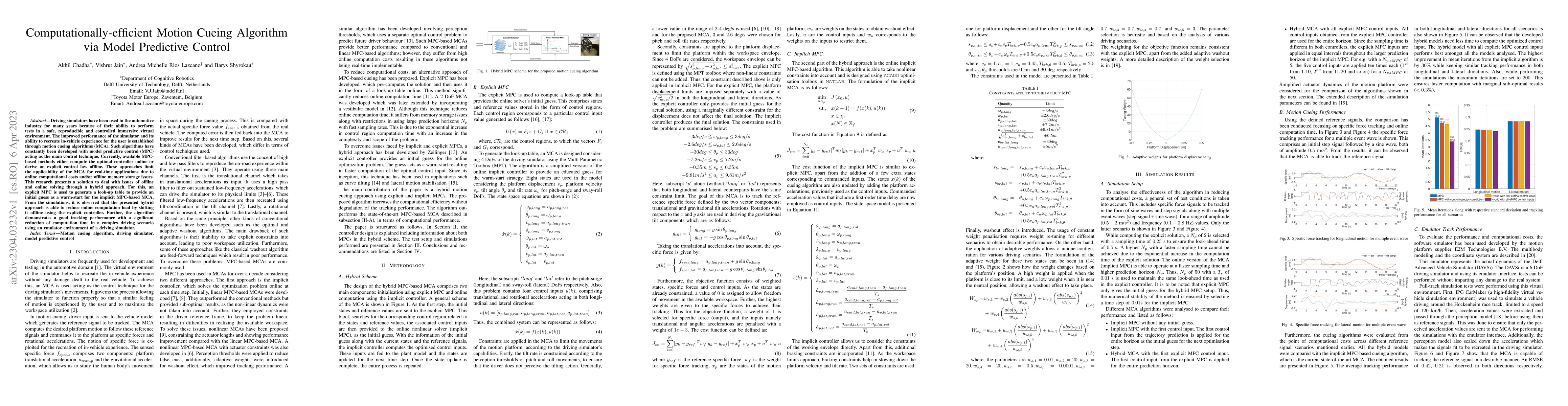 Thumbnail for Computationally-efficient Motion Cueing Algorithm via Model Predictive
  Control