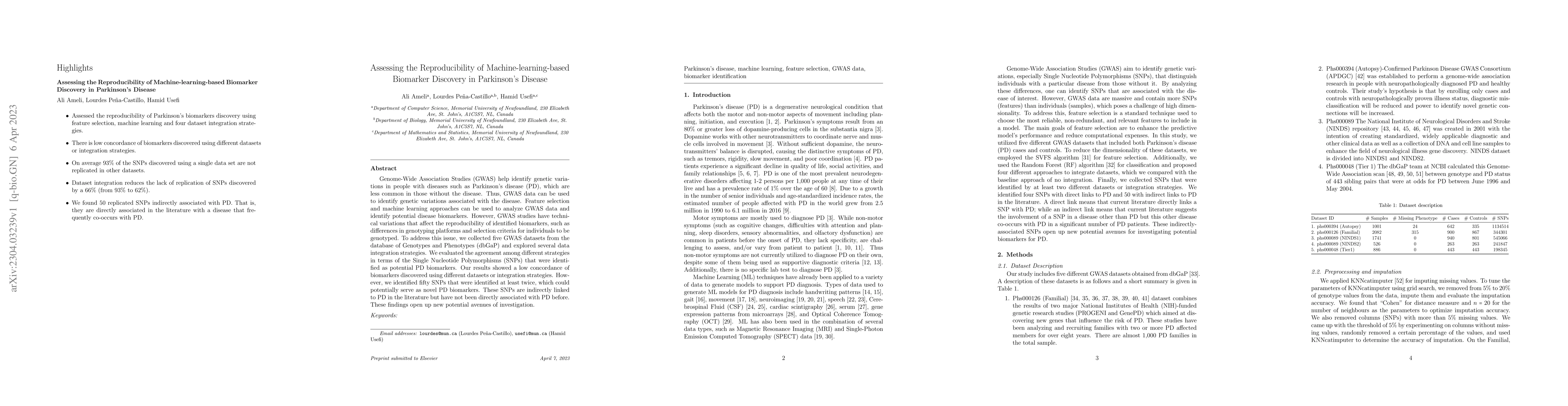 Thumbnail for Assessing the Reproducibility of Machine-learning-based Biomarker
  Discovery in Parkinson's Disease