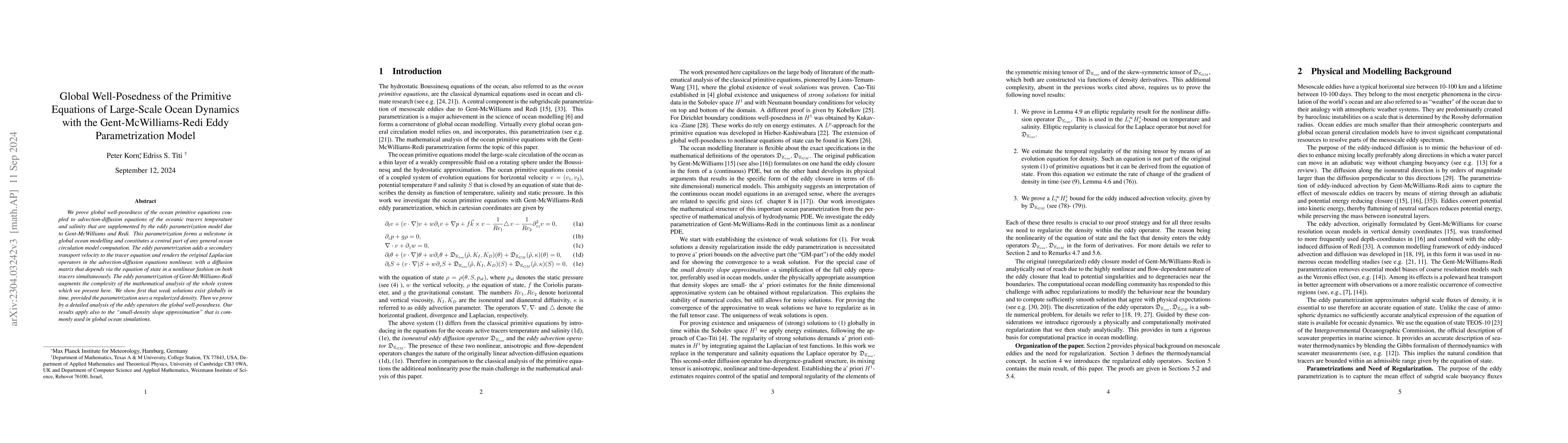 Thumbnail for Global Well-Posedness of the Primitive Equations of Large-Scale Ocean
  Dynamics with the Gent-McWilliams-Redi Eddy Parametrization Model