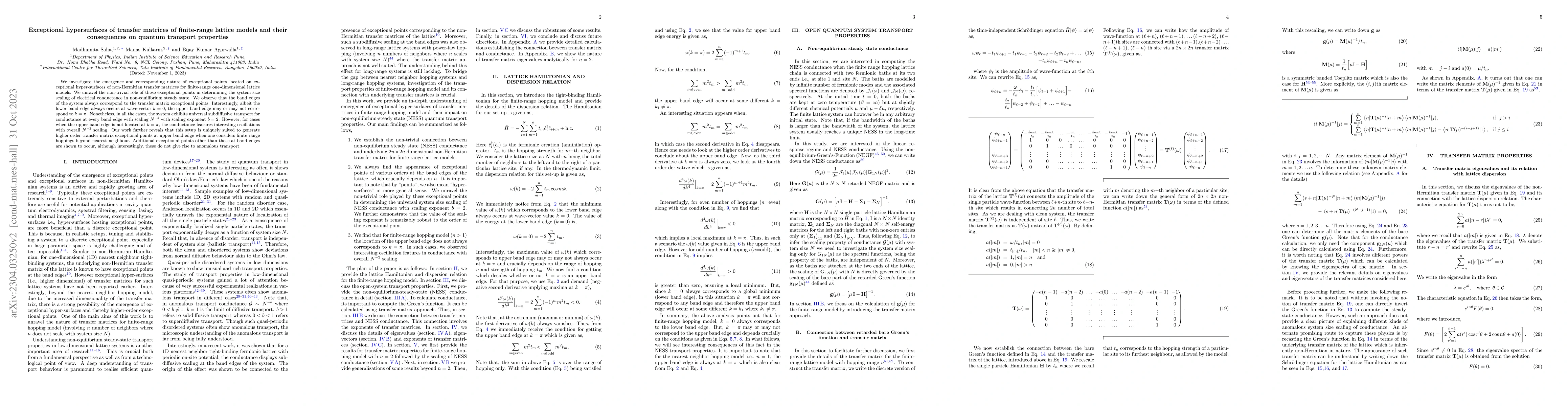 Thumbnail for Exceptional hypersurfaces of transfer matrices of finite-range lattice
  models and their consequences on quantum transport properties