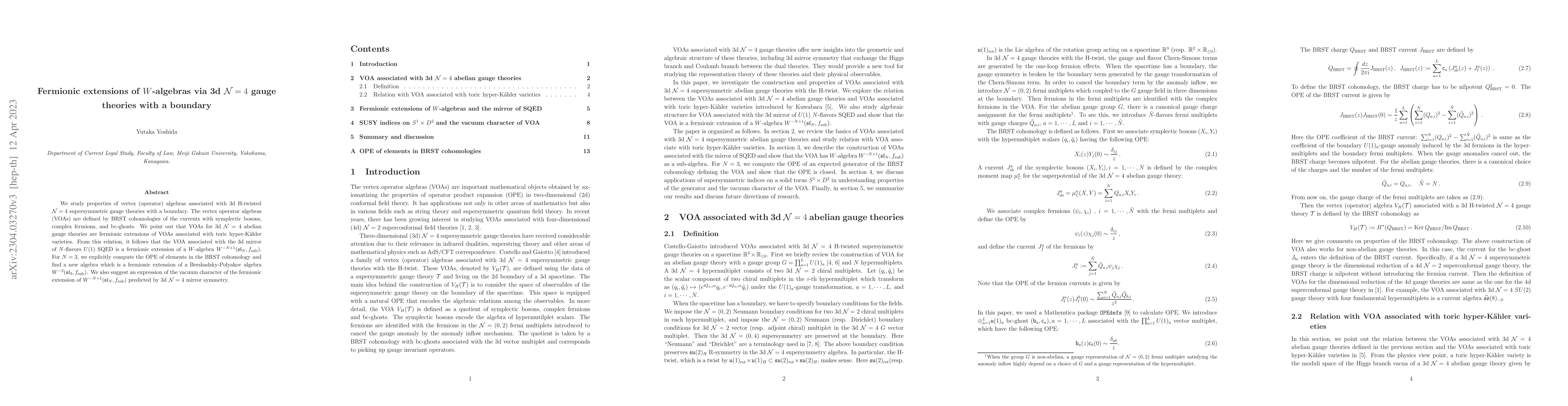 Thumbnail for Fermionic extensions of $W$-algebras via 3d $\mathcal{N}=4$ gauge
  theories with a boundary