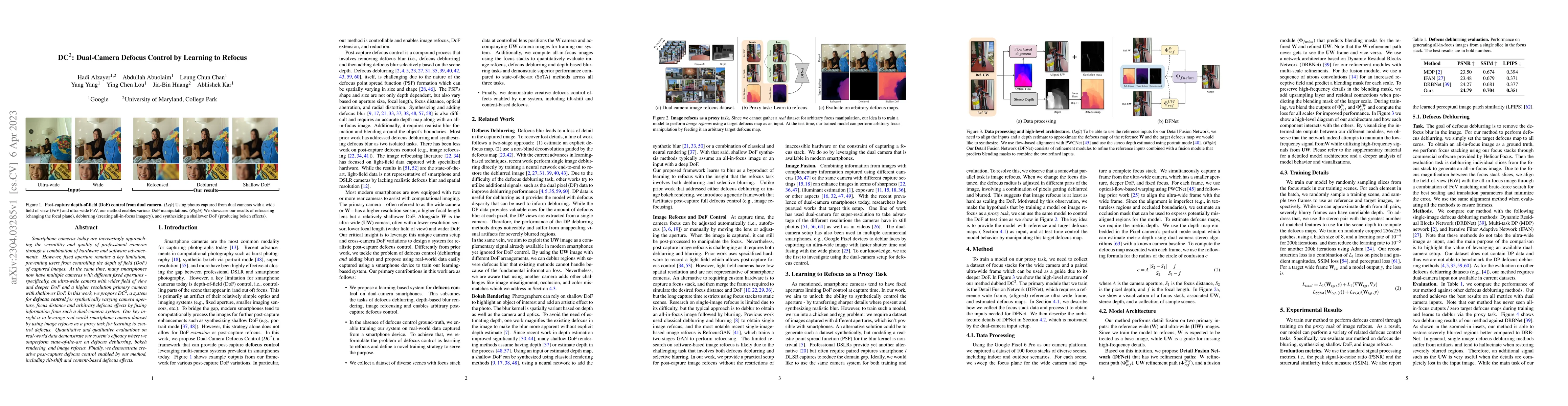 Thumbnail for $\text{DC}^2$: Dual-Camera Defocus Control by Learning to Refocus