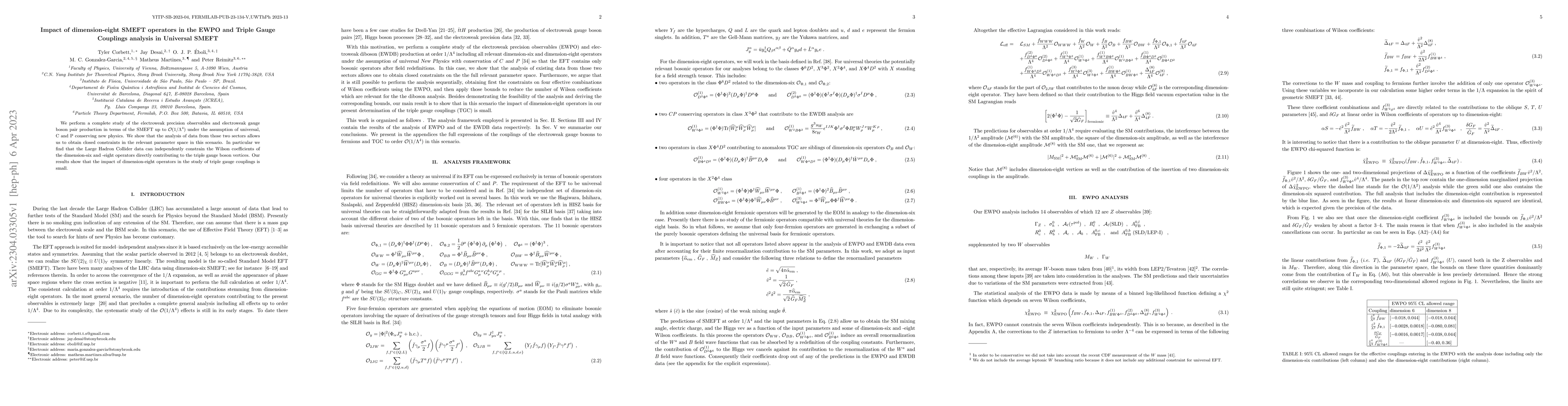 Thumbnail for Impact of dimension-eight SMEFT operators in the EWPO and Triple Gauge
  Couplings analysis in Universal SMEFT