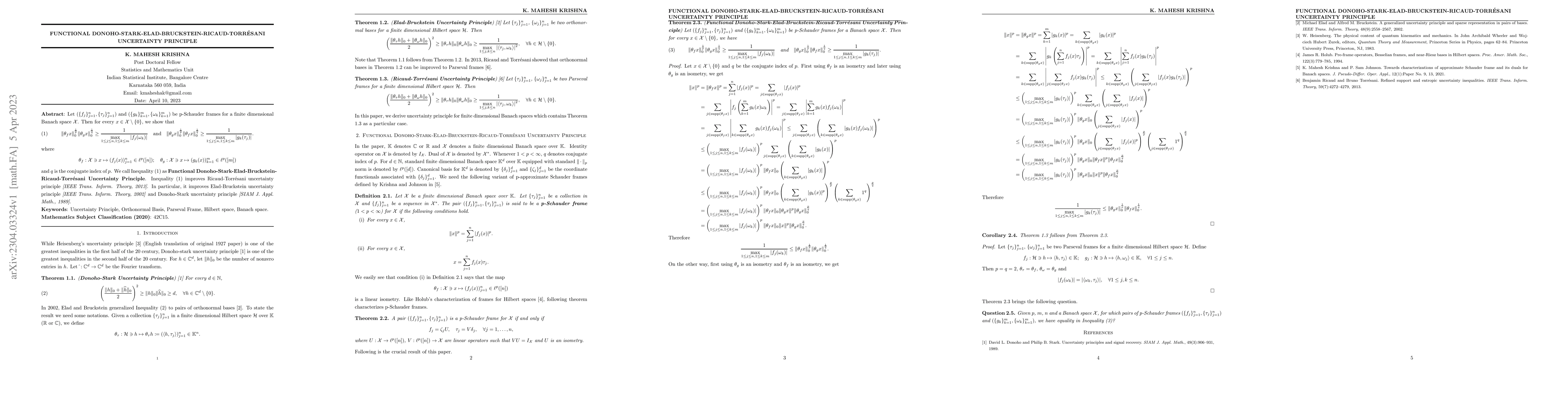 Thumbnail for Functional Donoho-Stark-Elad-Bruckstein-Ricaud-Torr\'{e}sani Uncertainty
  Principle
