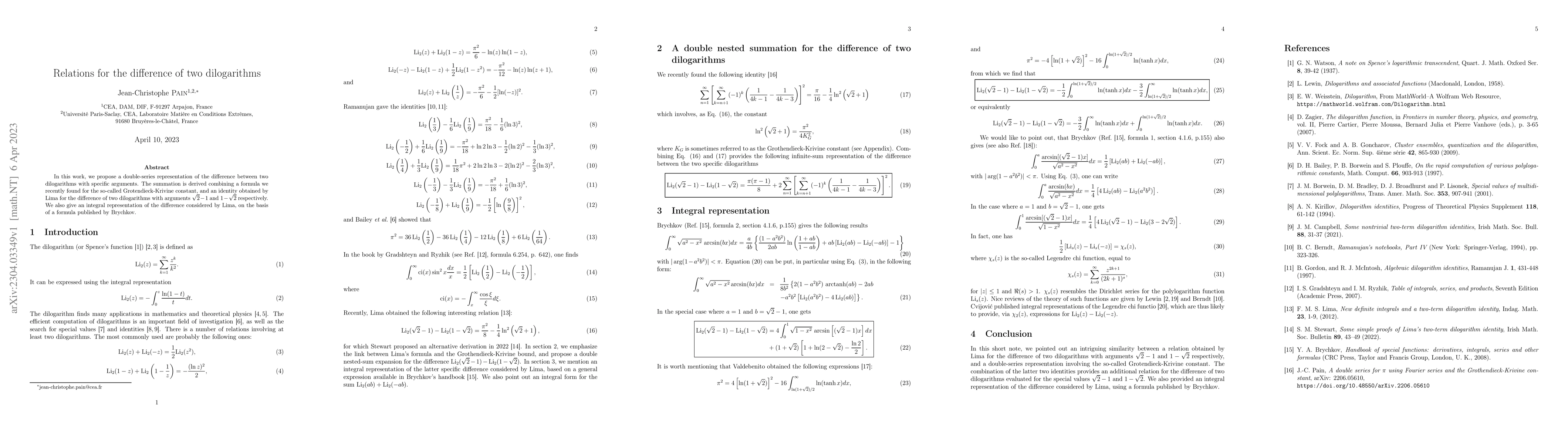 Thumbnail for Relations for the difference of two dilogarithms