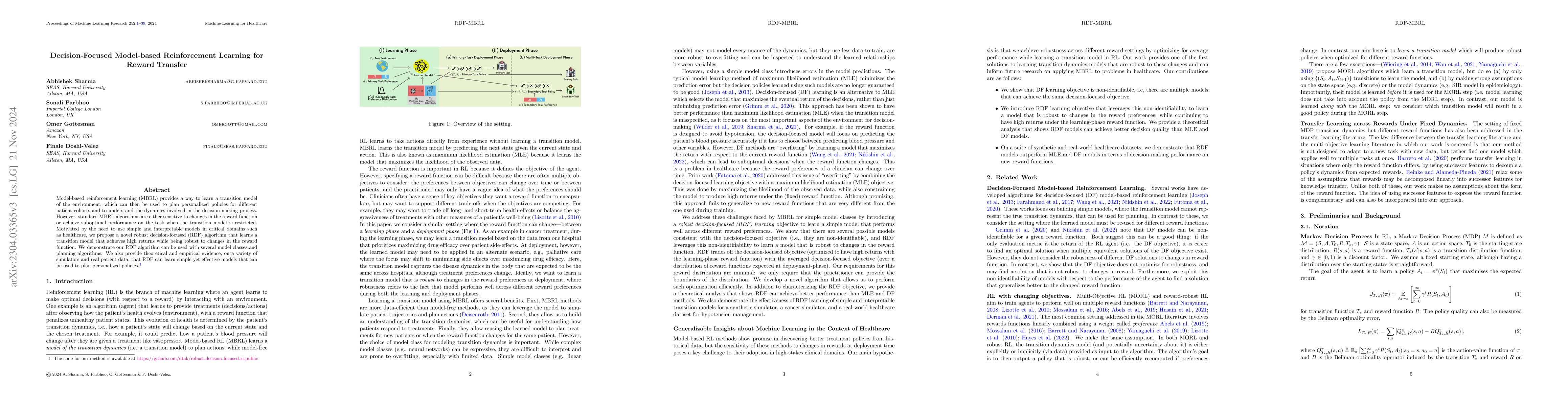 Thumbnail for Decision-Focused Model-based Reinforcement Learning for Reward Transfer