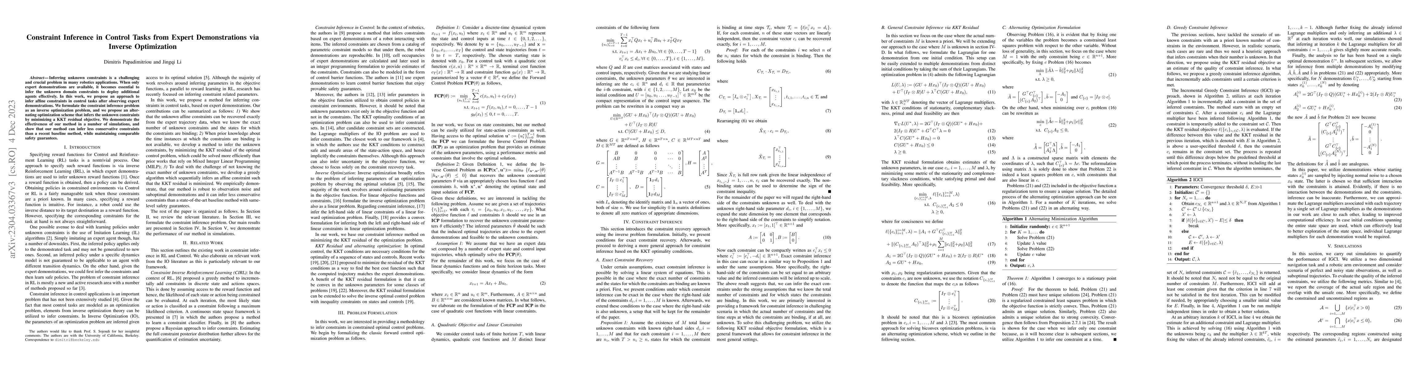 Thumbnail for Constraint Inference in Control Tasks from Expert Demonstrations via
  Inverse Optimization