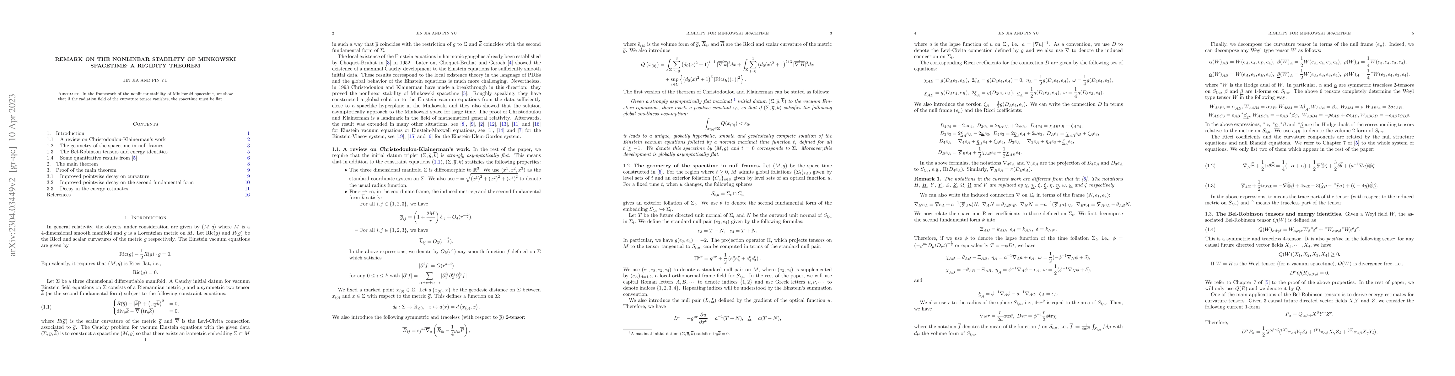 Thumbnail for Remark on the nonlinear stability of Minkowski spacetime: a rigidity
  theorem