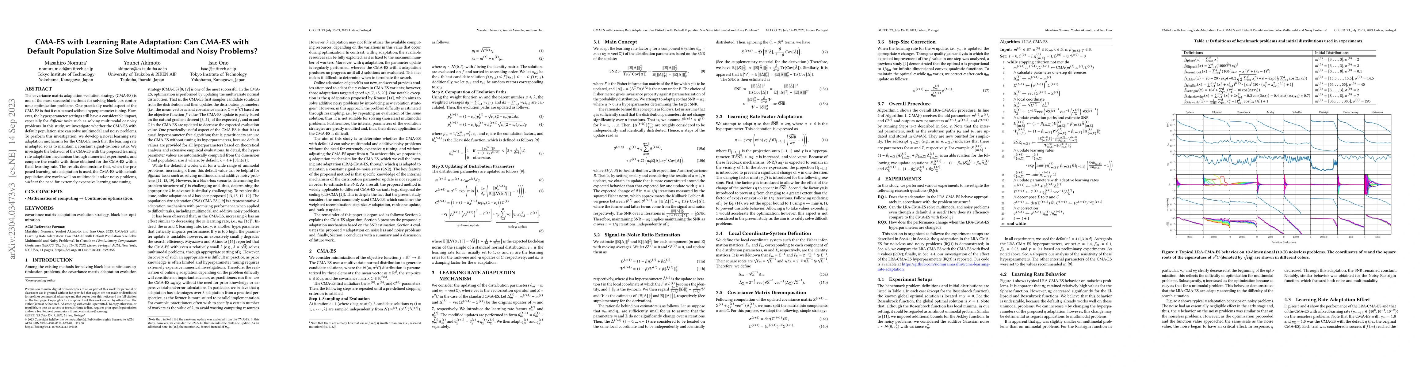 Thumbnail for CMA-ES with Learning Rate Adaptation: Can CMA-ES with Default Population
  Size Solve Multimodal and Noisy Problems?