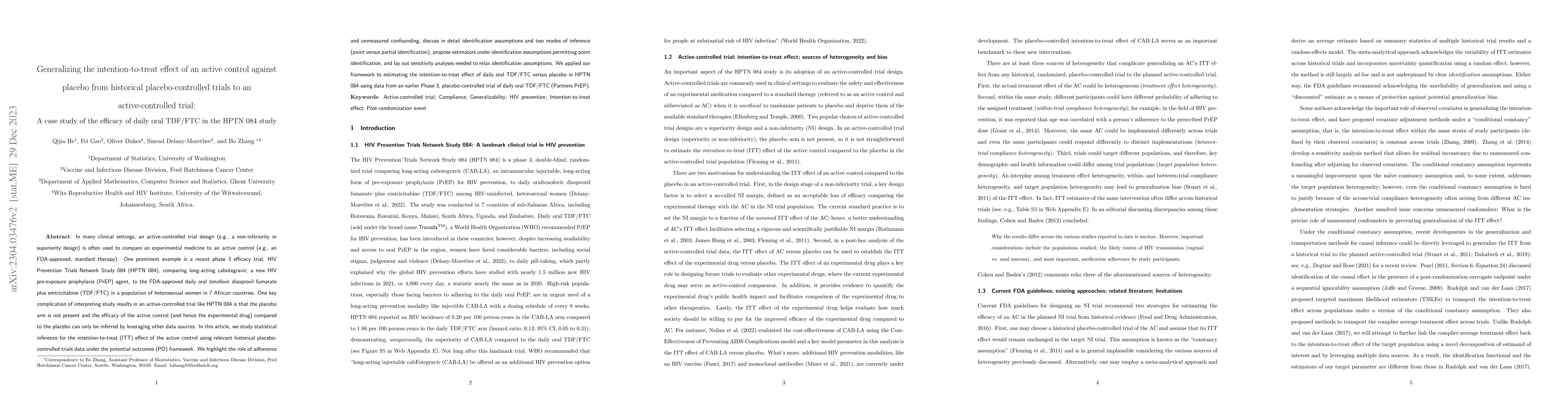 Thumbnail for Generalizing the intention-to-treat effect of an active control against
  placebo from historical placebo-controlled trials to an active-controlled
  trial: A case study of the efficacy of daily oral TDF/FTC in the HPTN 084
  study