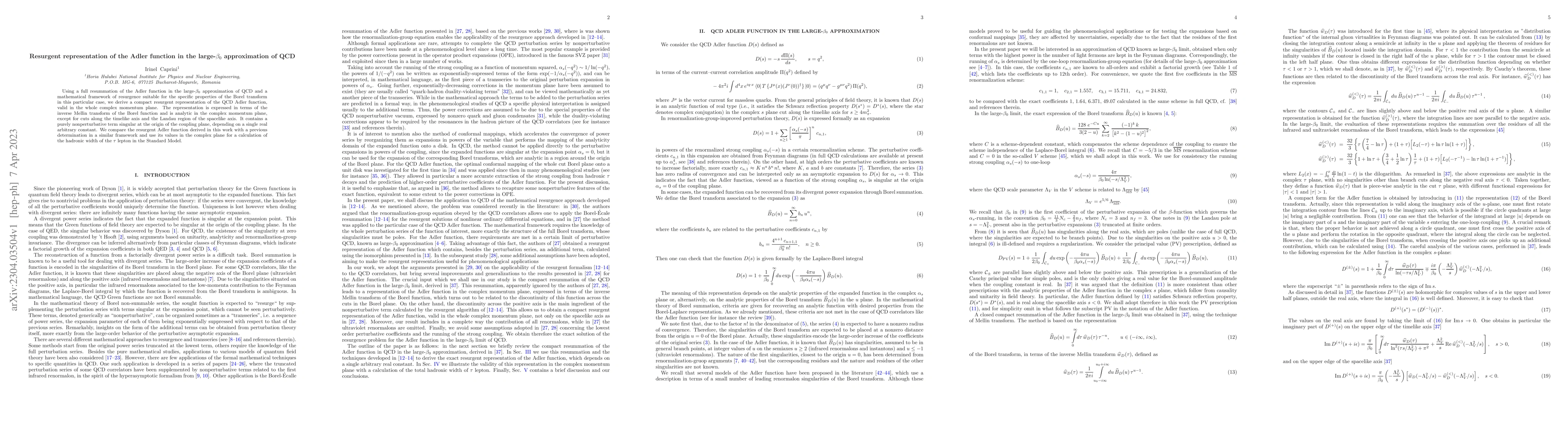 Thumbnail for Resurgent representation of the Adler function in the large-$\beta_0$
  approximation of QCD