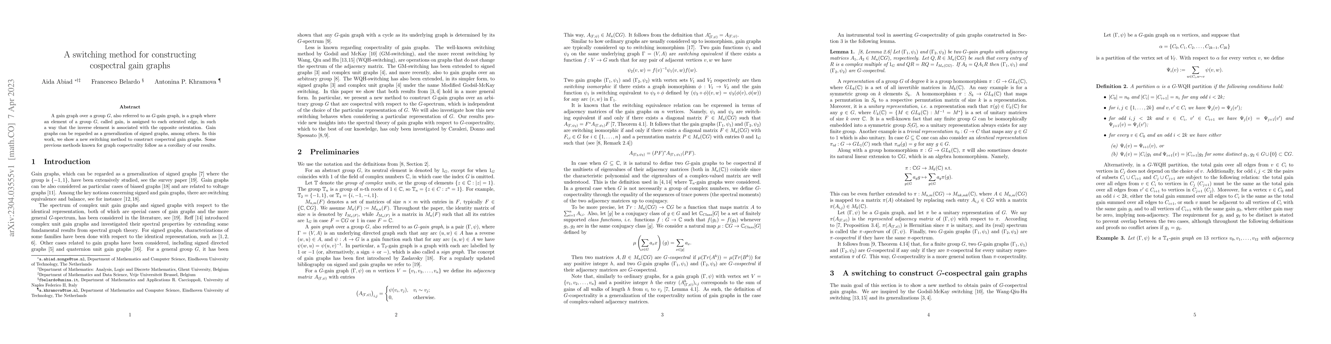 Thumbnail for A switching method for constructing cospectral gain graphs