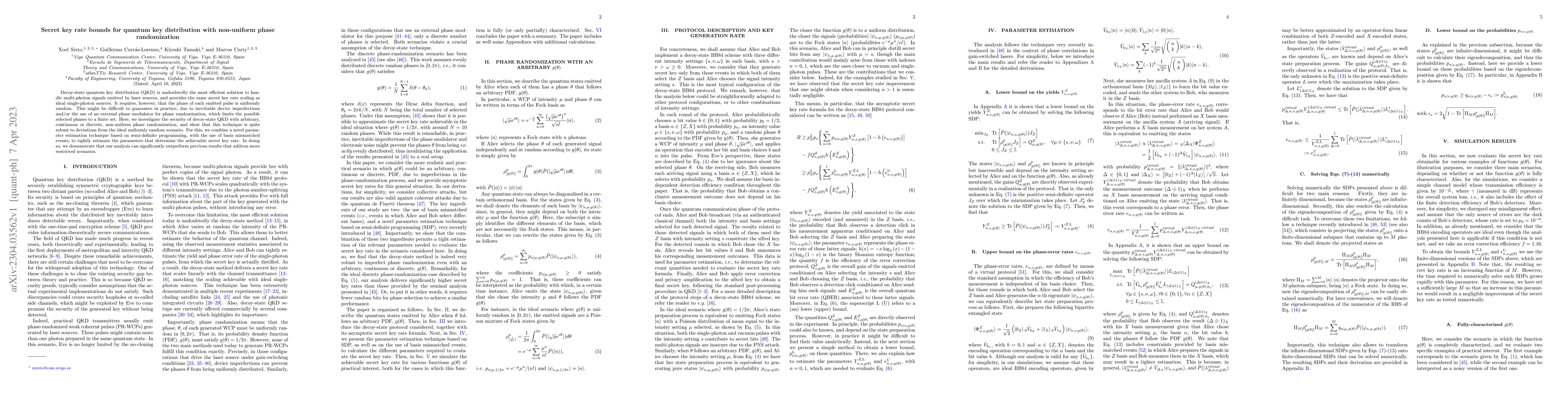 Thumbnail for Secret key rate bounds for quantum key distribution with non-uniform
  phase randomization
