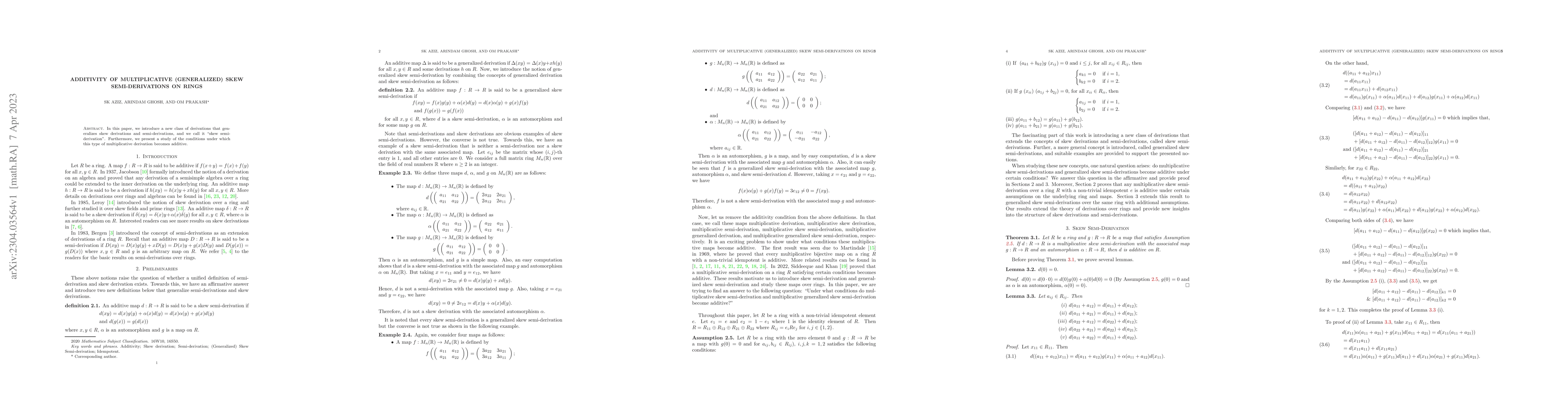 Thumbnail for Additivity of multiplicative (generalized) skew semi-derivations on
  rings