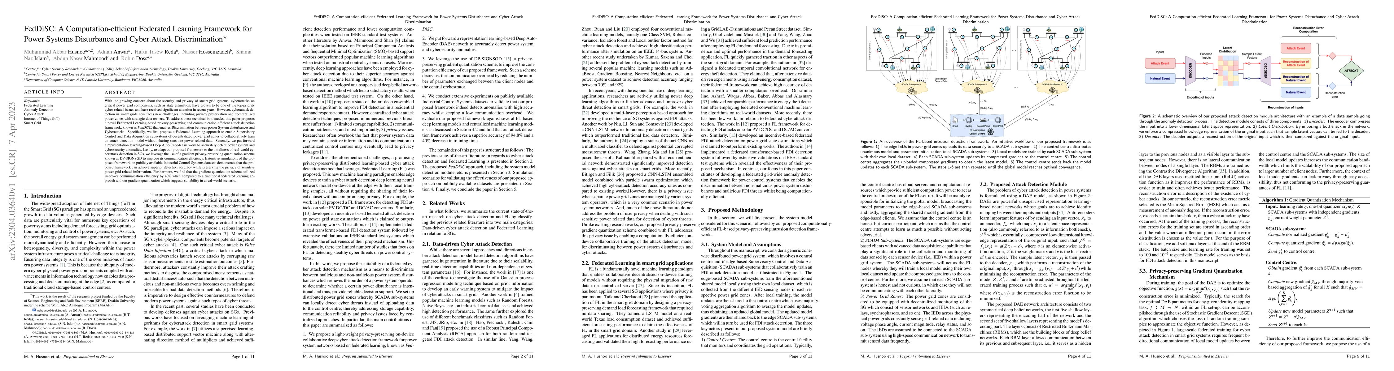 Thumbnail for FedDiSC: A Computation-efficient Federated Learning Framework for Power
  Systems Disturbance and Cyber Attack Discrimination