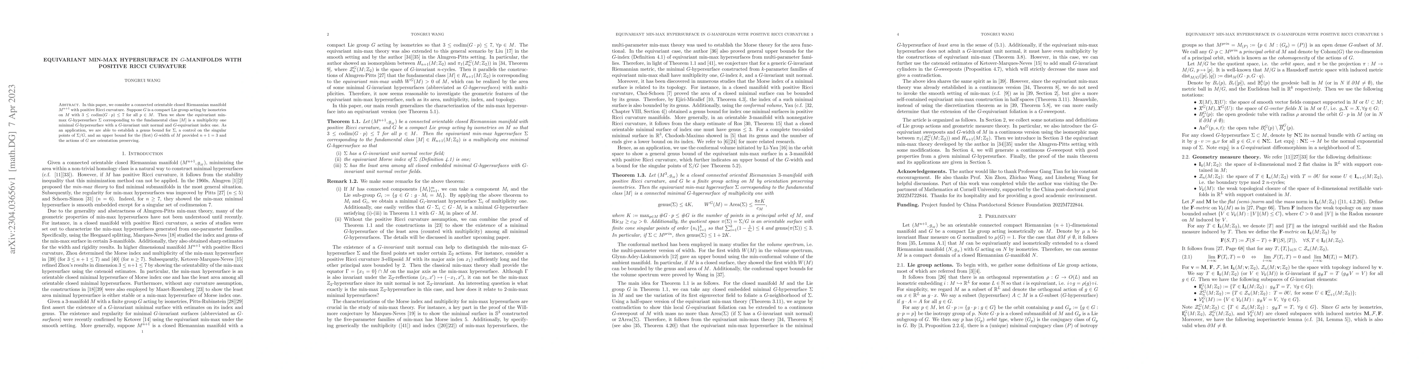 Thumbnail for Equivariant min-max hypersurface in $G$-manifolds with positive Ricci
  curvature