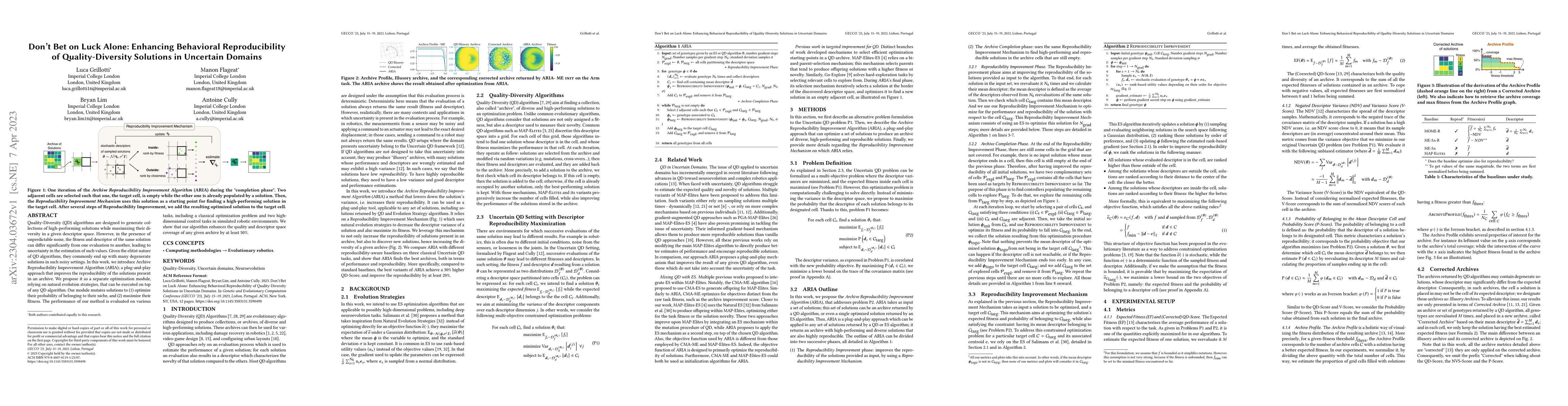 Thumbnail for Don't Bet on Luck Alone: Enhancing Behavioral Reproducibility of
  Quality-Diversity Solutions in Uncertain Domains