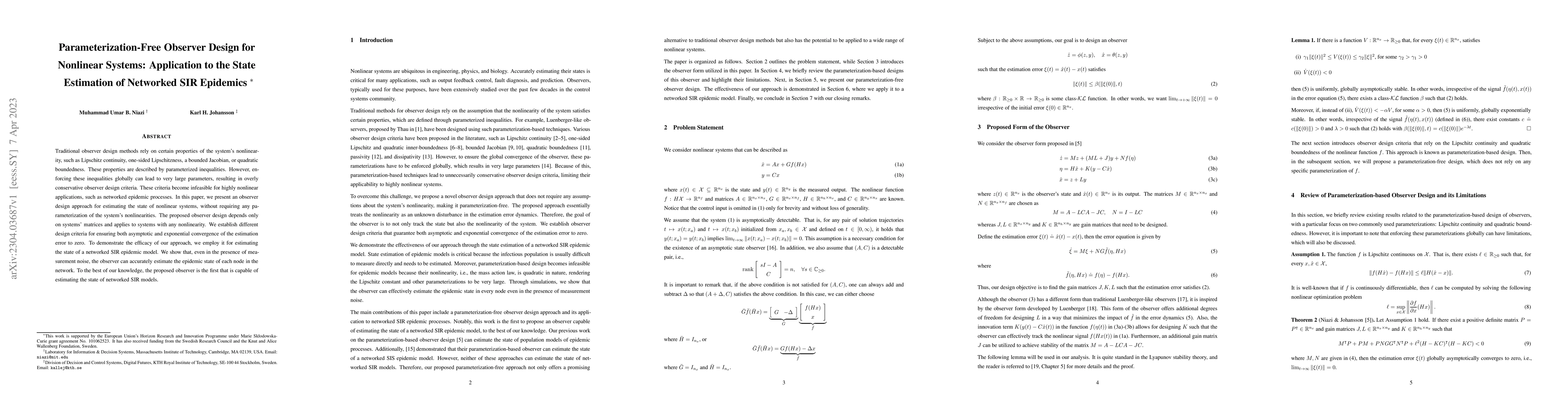Thumbnail for Parameterization-Free Observer Design for Nonlinear Systems: Application
  to the State Estimation of Networked SIR Epidemics