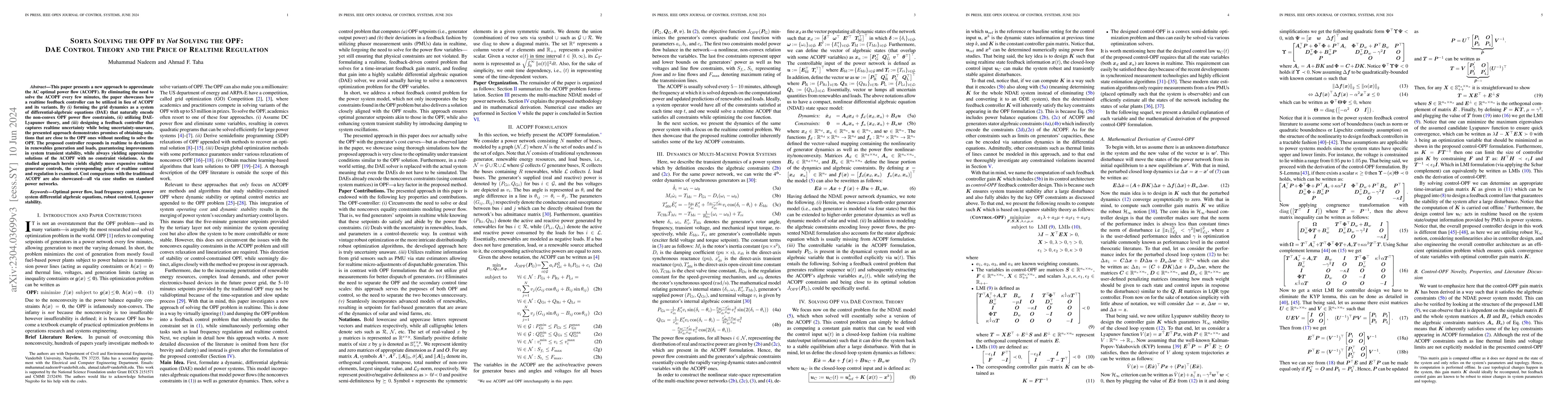 Thumbnail for Sorta Solving the OPF by Not Solving the OPF: DAE Control Theory and the
  Price of Realtime Regulation
