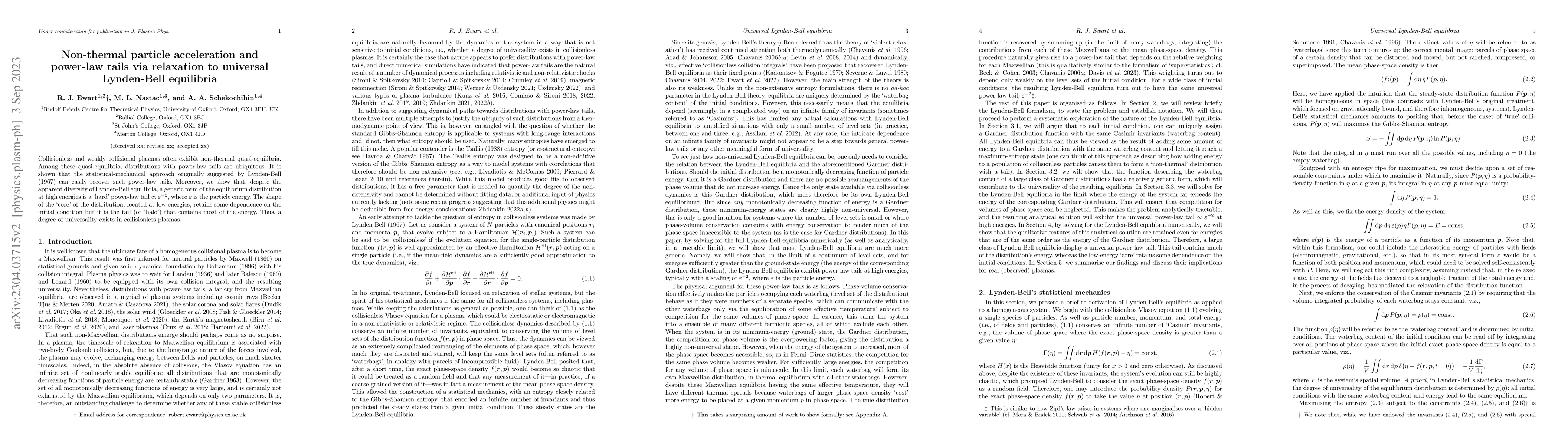 Thumbnail for Non-thermal particle acceleration and power-law tails via relaxation to
  universal Lynden-Bell equilibria