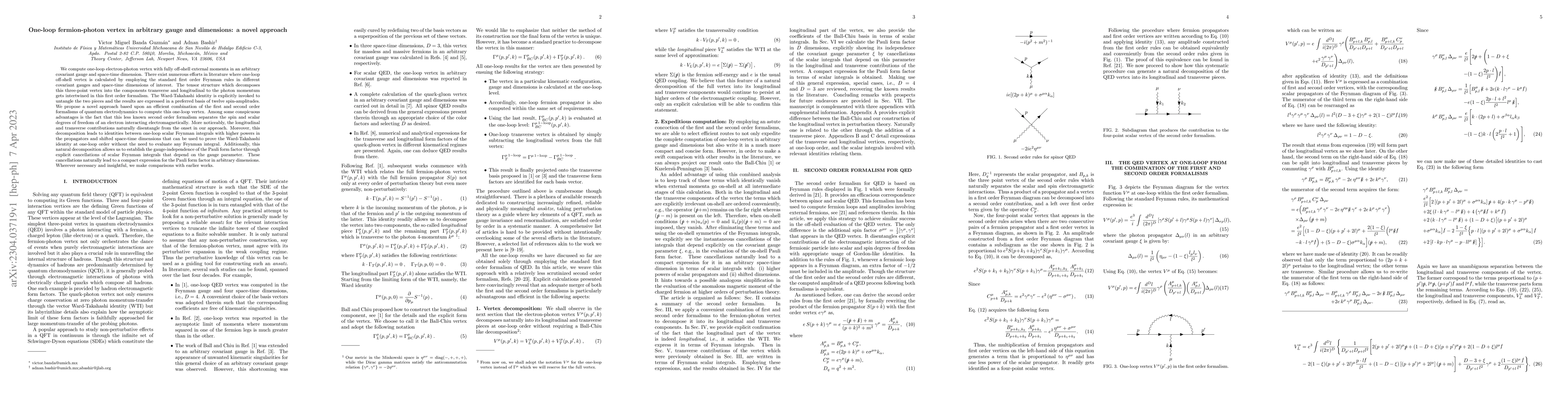 Thumbnail for One-loop fermion-photon vertex in arbitrary gauge and dimensions: a
  novel approach