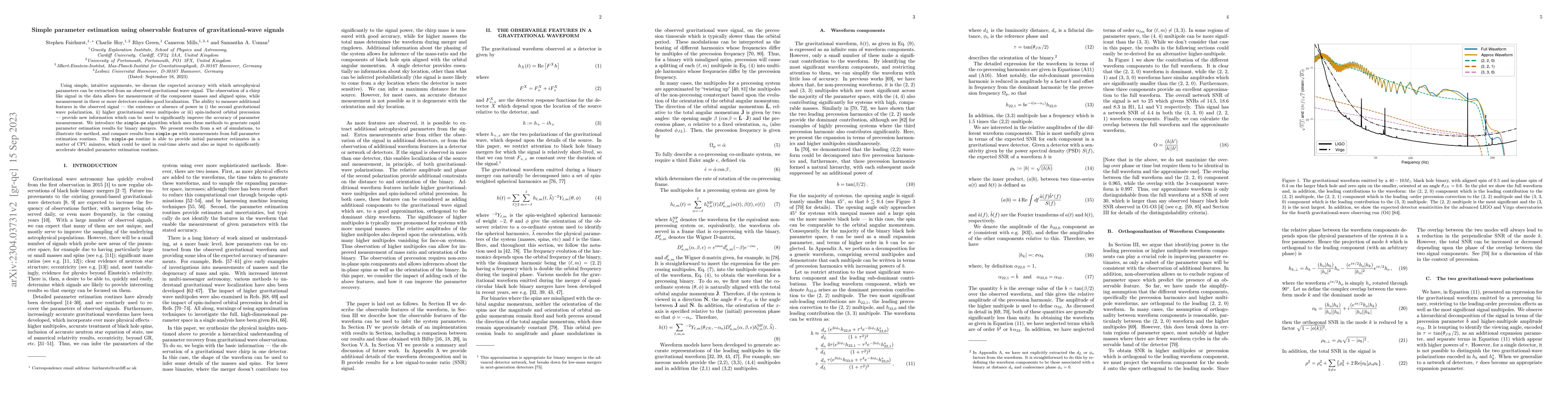 Thumbnail for Simple parameter estimation using observable features of
  gravitational-wave signals