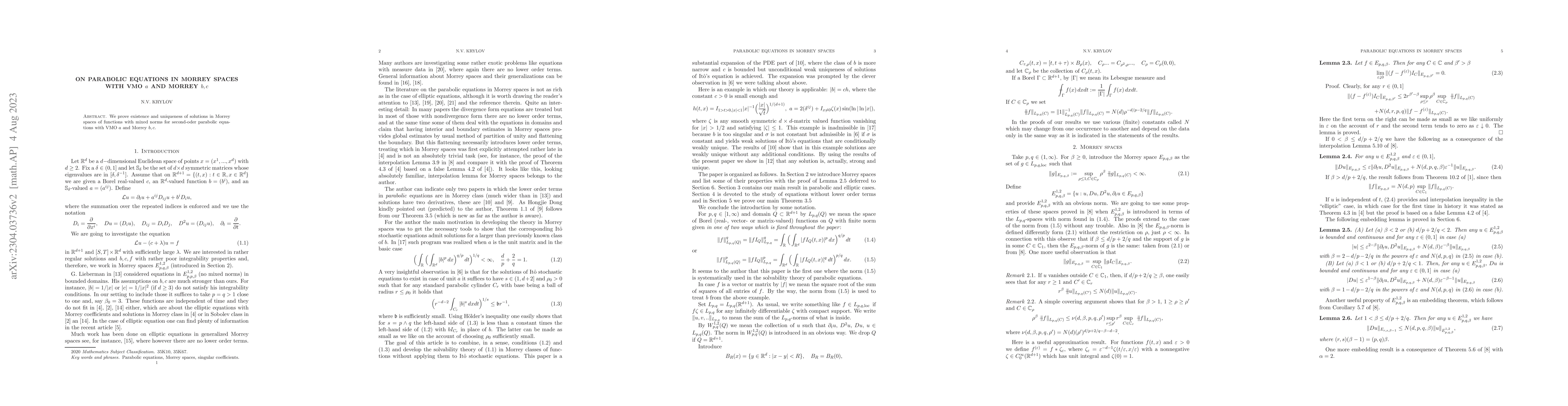 Thumbnail for On parabolic equations in Morrey spaces with VMO $a$ and Morrey $b,c$