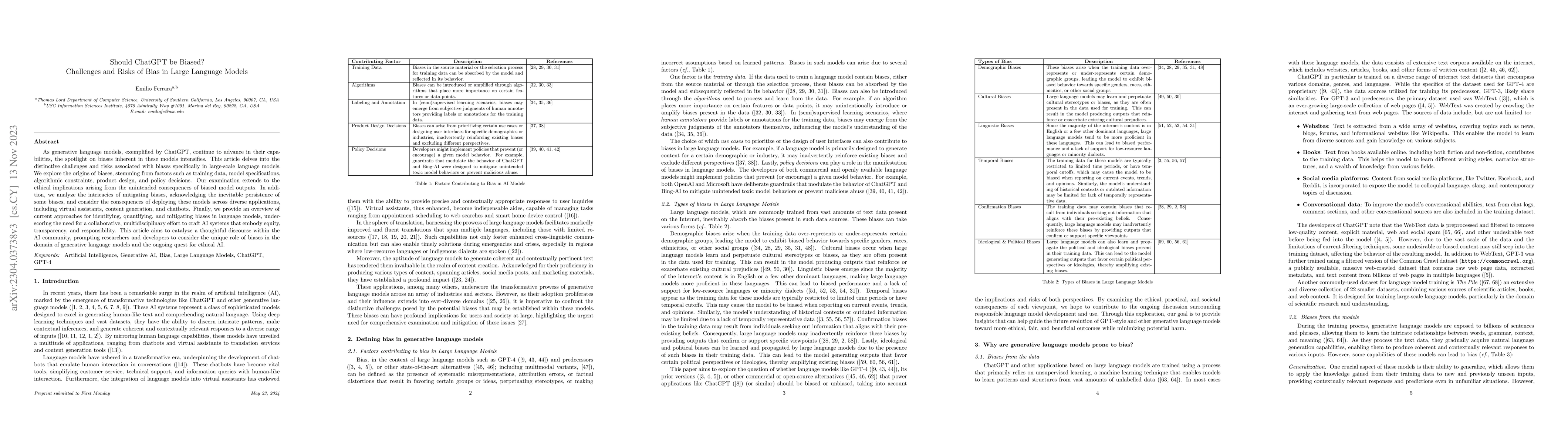 Thumbnail for Should ChatGPT be Biased? Challenges and Risks of Bias in Large Language
  Models