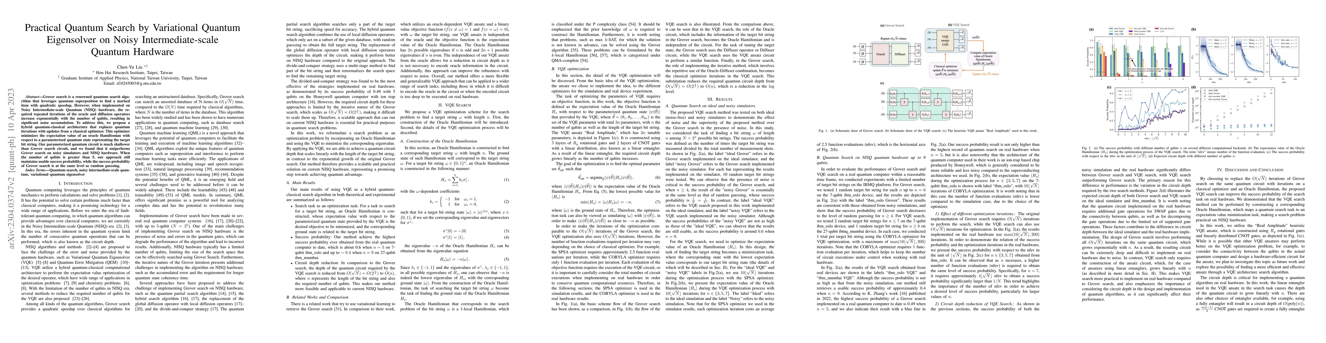 Thumbnail for Practical Quantum Search by Variational Quantum Eigensolver on Noisy
  Intermediate-scale Quantum Hardware