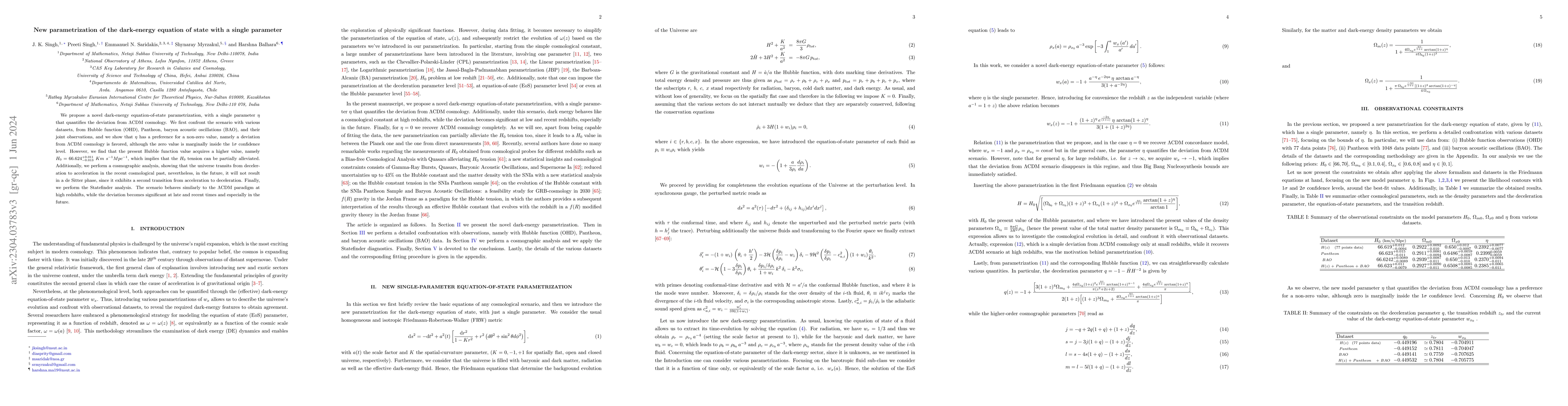 Thumbnail for New parametrization of the dark-energy equation of state with a single
  parameter