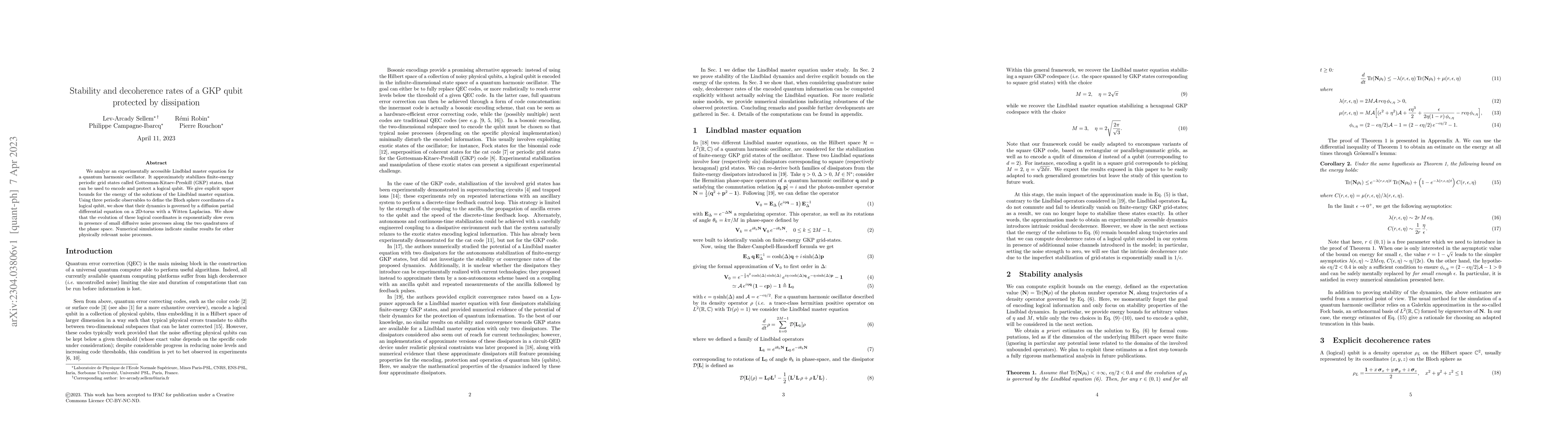 Thumbnail for Stability and decoherence rates of a GKP qubit protected by dissipation