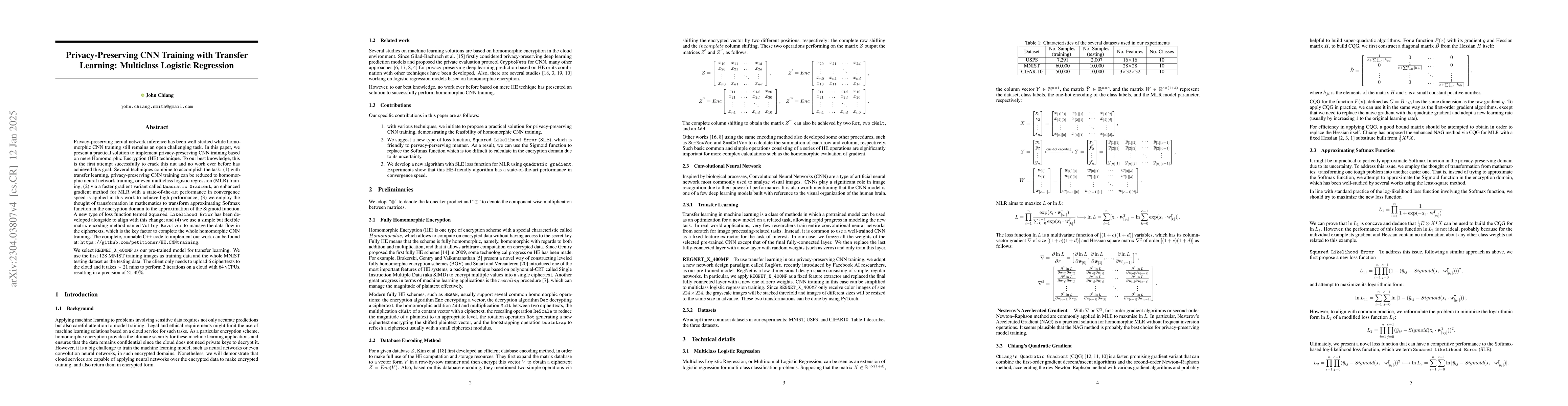 Thumbnail for Privacy-Preserving CNN Training with Transfer Learning: Multiclass
  Logistic Regression