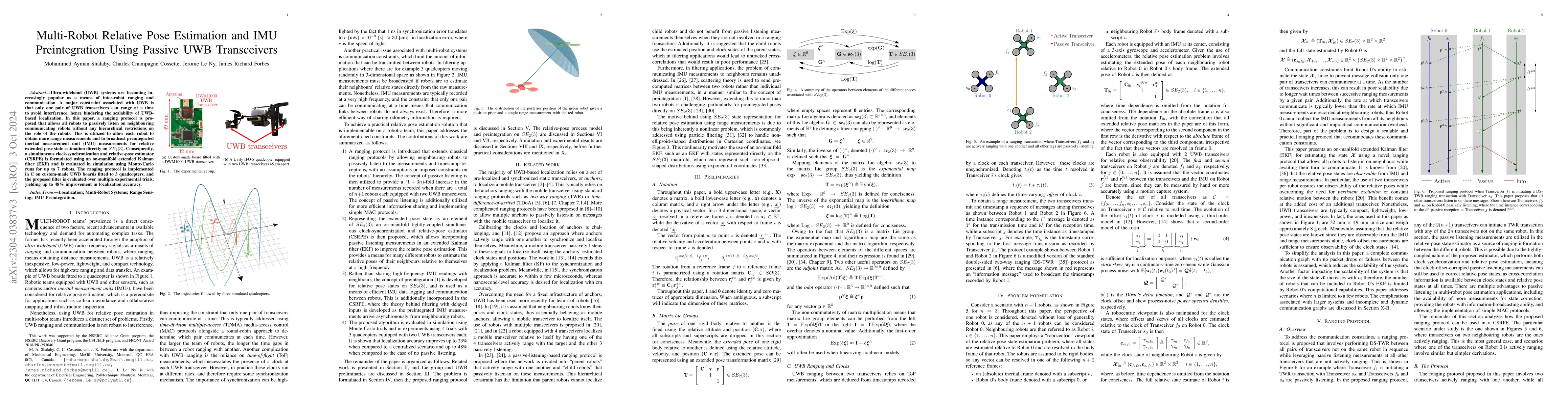 Thumbnail for Multi-Robot Relative Pose Estimation and IMU Preintegration Using
  Passive UWB Transceivers