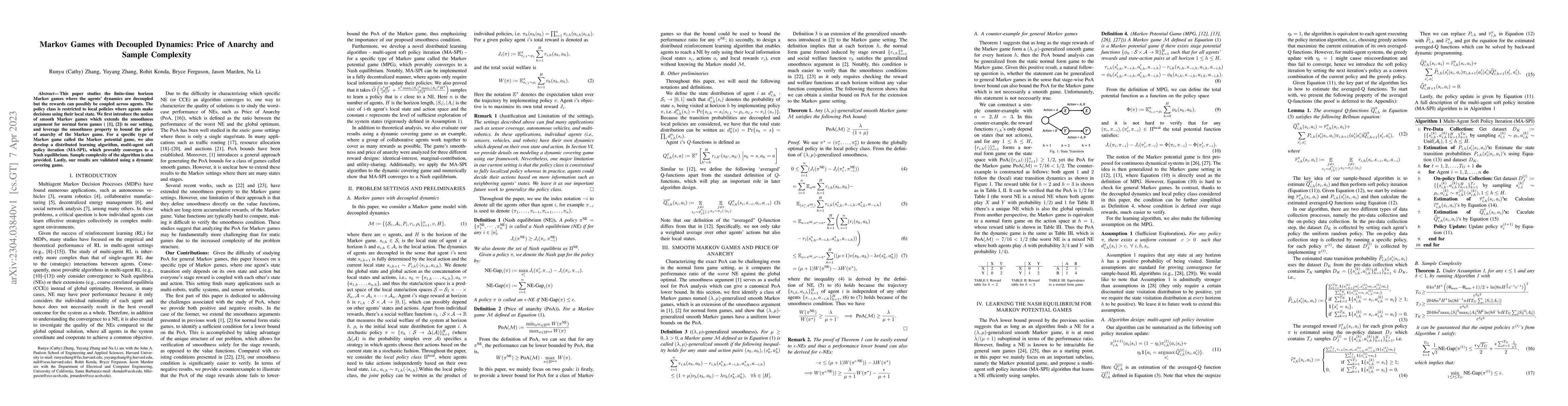 Thumbnail for Markov Games with Decoupled Dynamics: Price of Anarchy and Sample
  Complexity