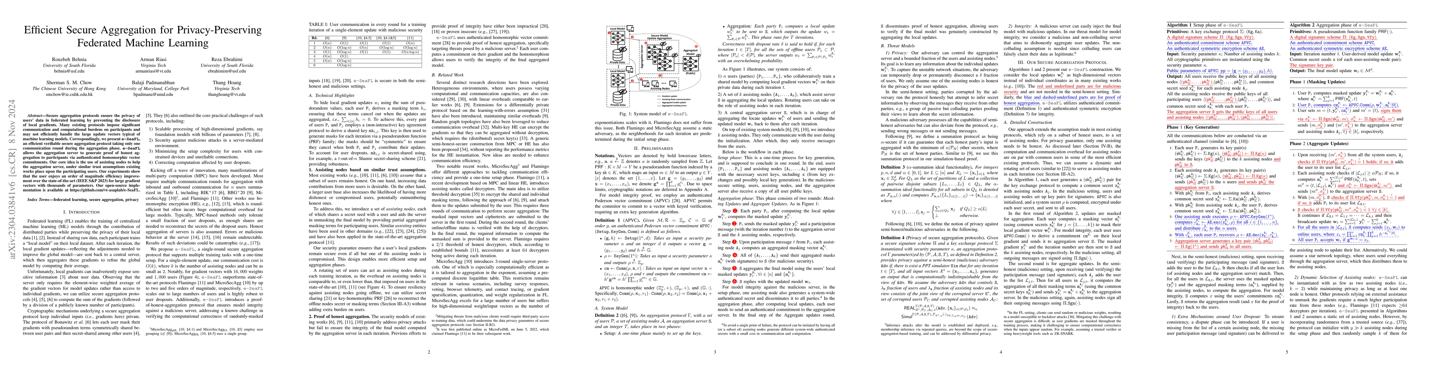 Thumbnail for Efficient Secure Aggregation for Privacy-Preserving Federated Machine
  Learning