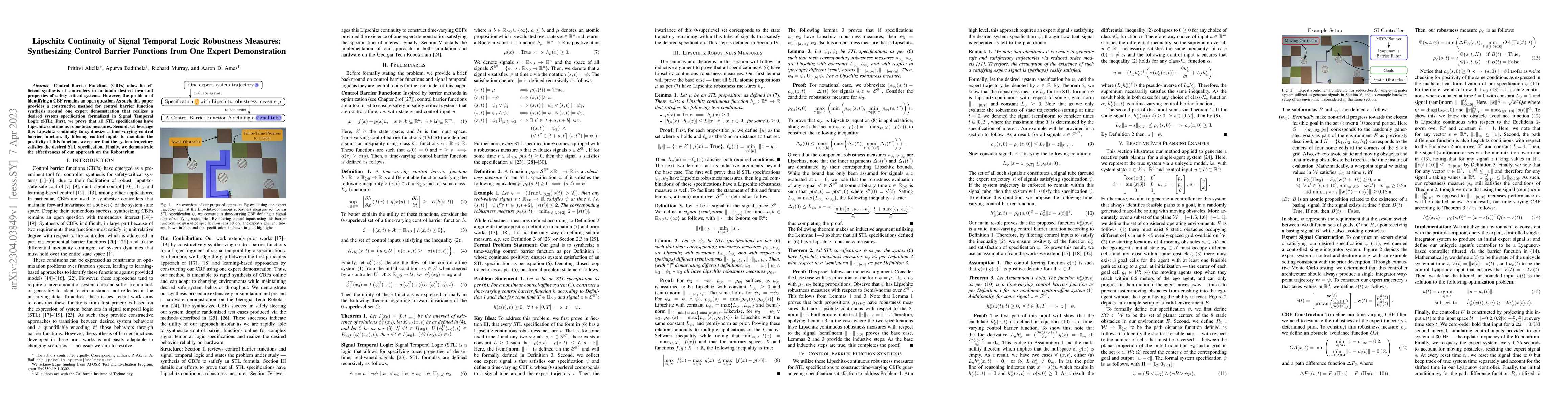 Thumbnail for Lipschitz Continuity of Signal Temporal Logic Robustness Measures:
  Synthesizing Control Barrier Functions from One Expert Demonstration