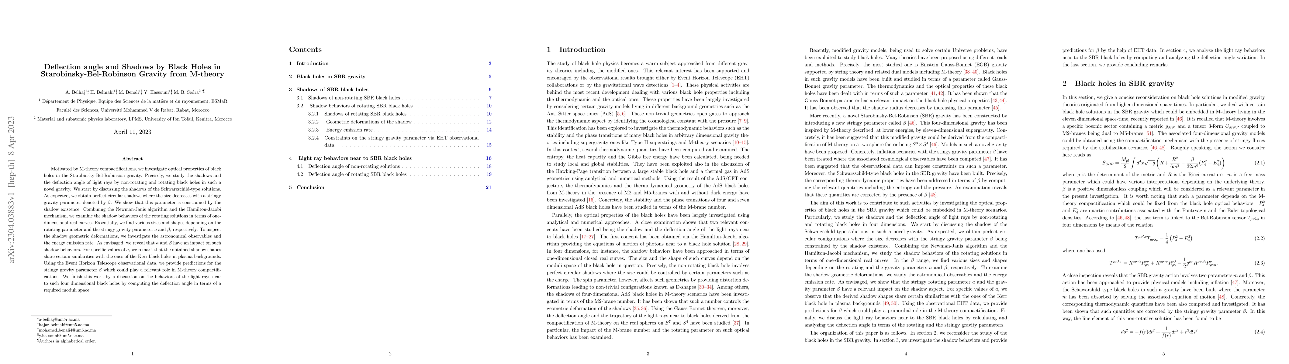Thumbnail for Deflection angle and Shadows by Black Holes in Starobinsky-Bel-Robinson
  Gravity from M-theory