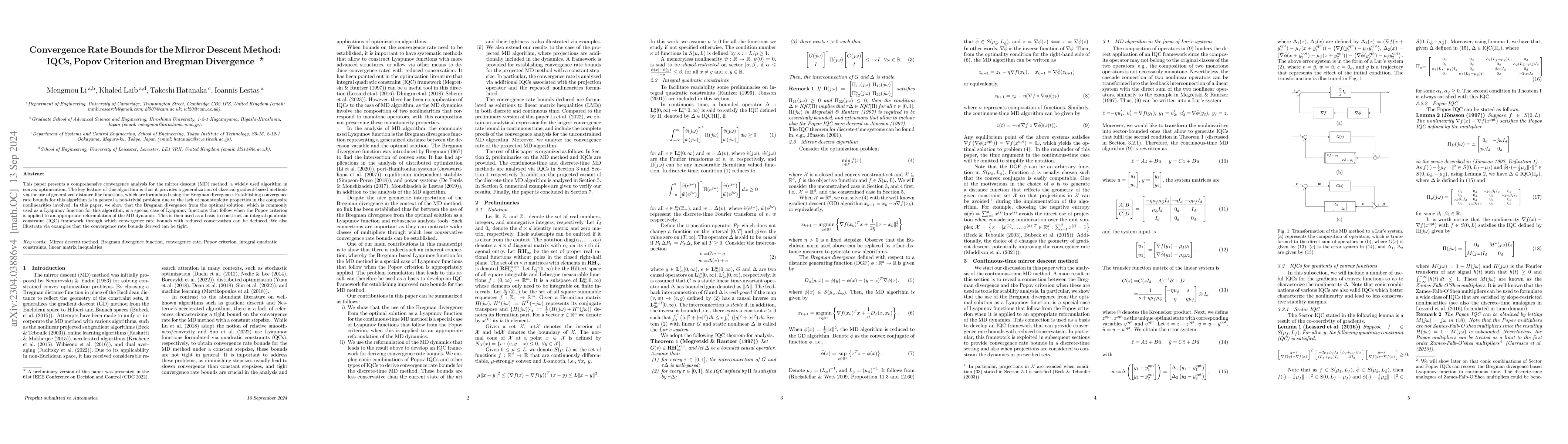 Thumbnail for Convergence Rate Bounds for the Mirror Descent Method: IQCs, Popov
  Criterion and Bregman Divergence
