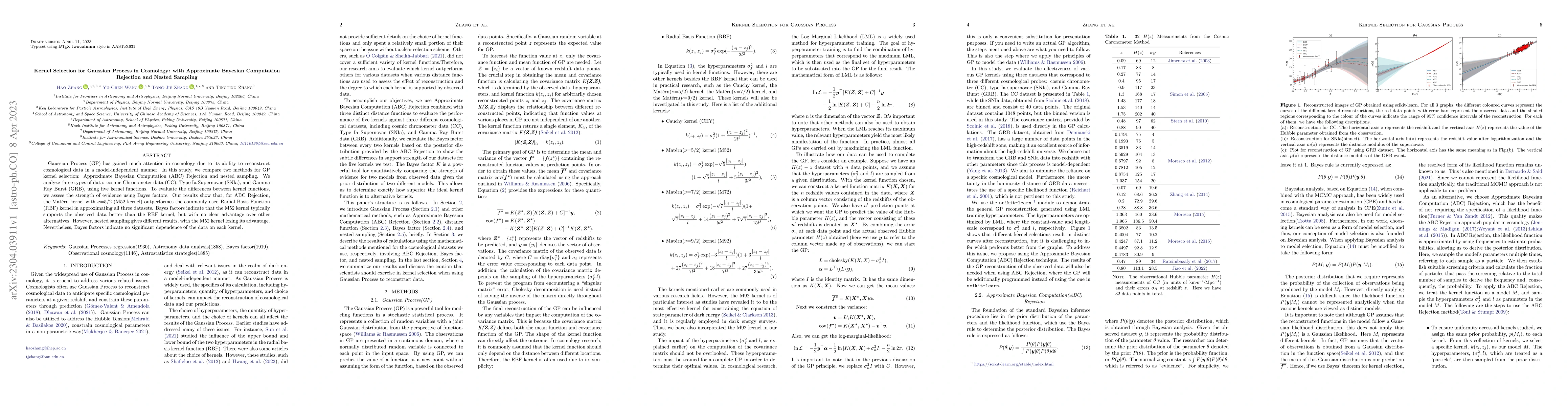 Thumbnail for Kernel Selection for Gaussian Process in Cosmology: with Approximate
  Bayesian Computation Rejection and Nested Sampling