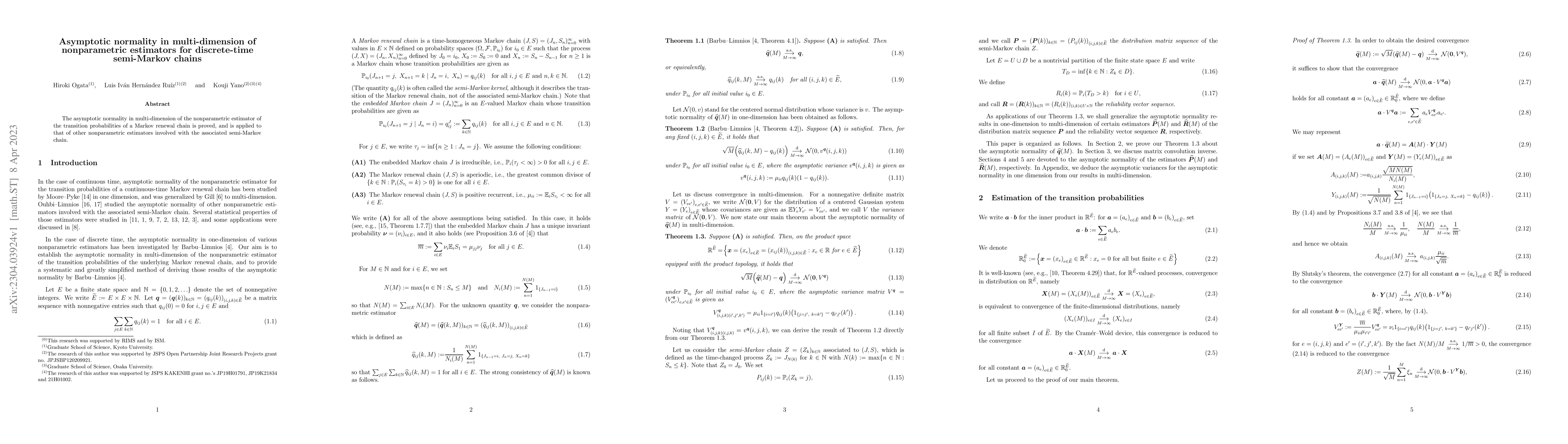 Thumbnail for Asymptotic normality in multi-dimension of nonparametric estimators for
  discrete-time semi-Markov chains