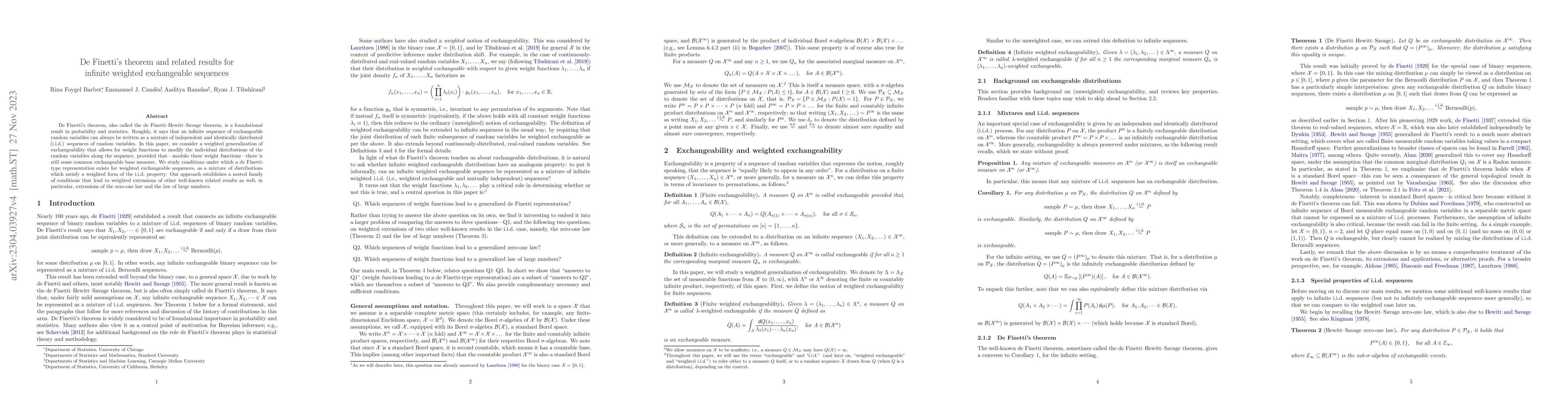 Thumbnail for De Finetti's theorem and related results for infinite weighted
  exchangeable sequences