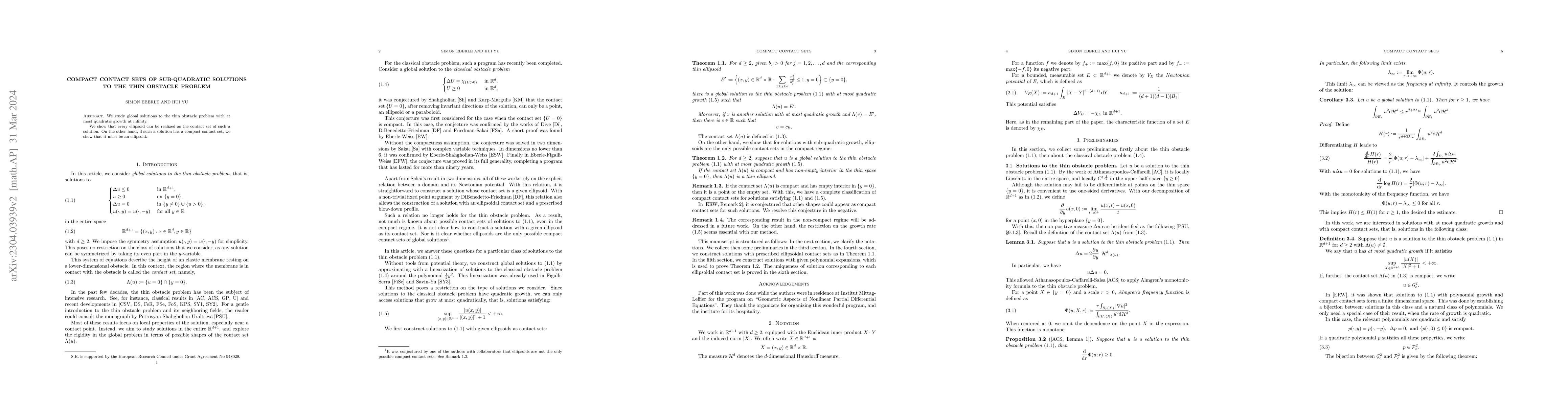 Thumbnail for Compact contact sets of sub-quadratic solutions to the thin obstacle
  problem