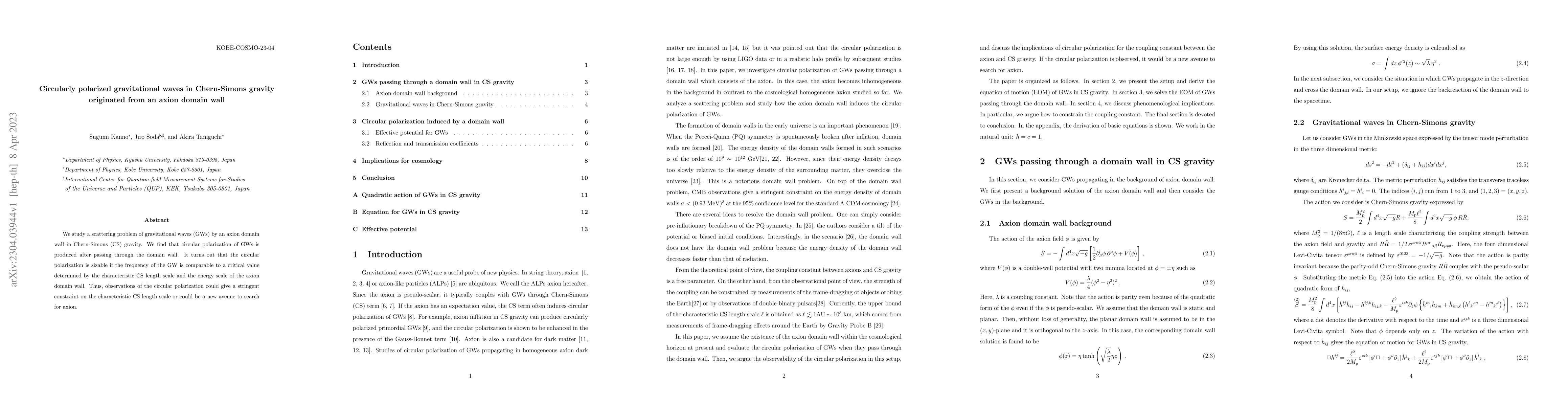 Thumbnail for Circularly polarized gravitational waves in Chern-Simons gravity
  originated from an axion domain wall