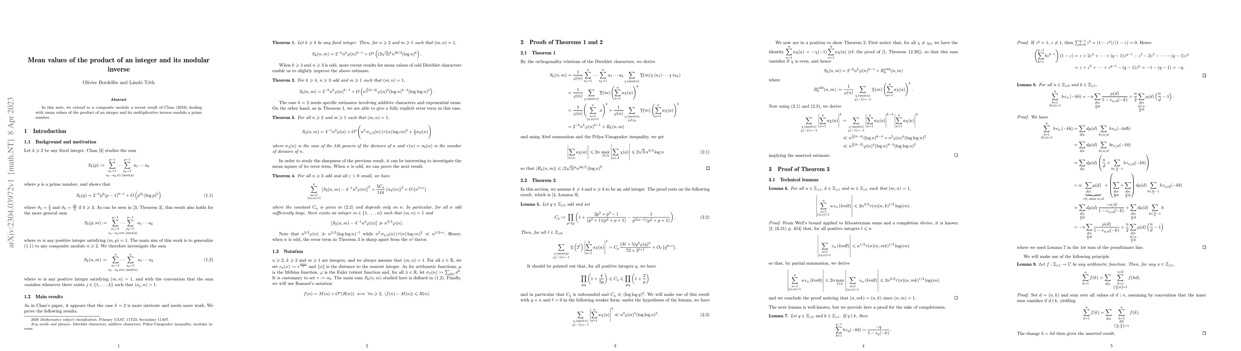 Thumbnail for Mean values of the product of an integer and its modular inverse