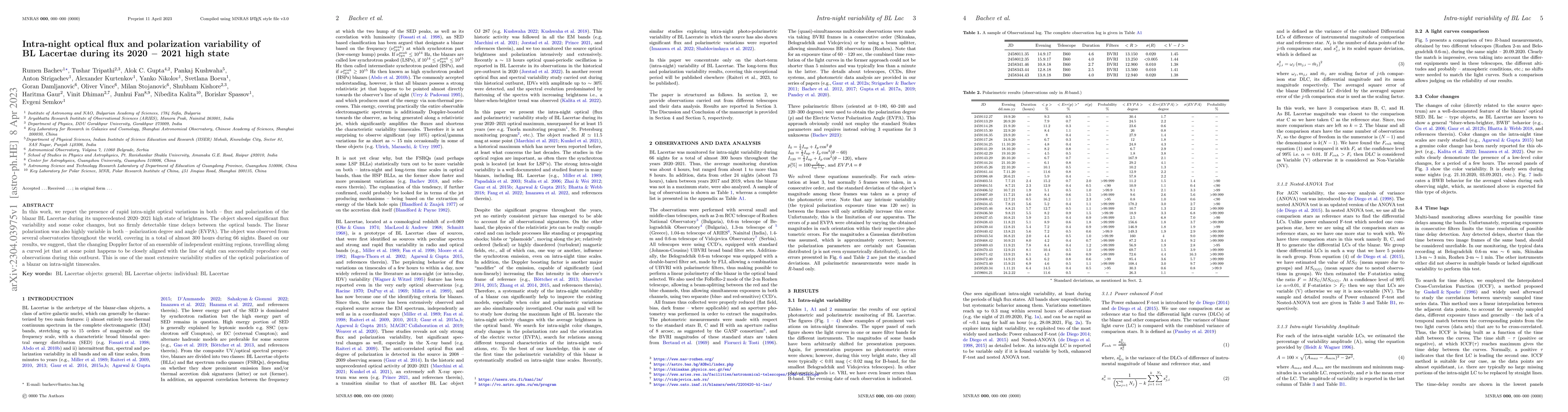 Thumbnail for Intra-night optical flux and polarization variability of BL~Lacertae
  during its 2020 $-$ 2021 high state