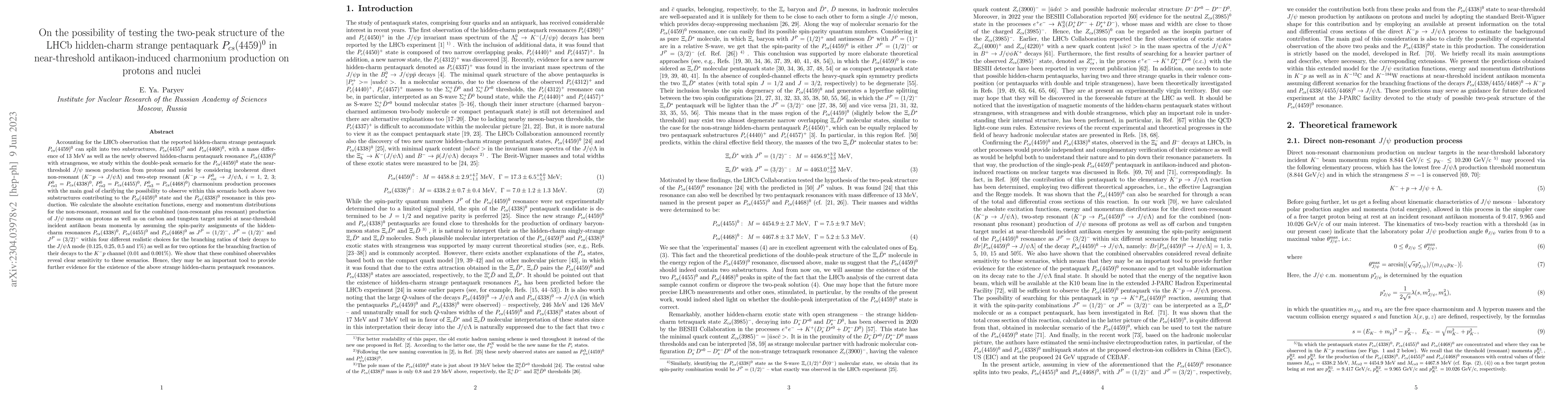 Thumbnail for On the possibility of testing the two-peak structure of the LHCb
  hidden-charm strange pentaquark $P_{cs}(4459)^0$ in near-threshold
  antikaon-induced charmonium production on protons and nuclei