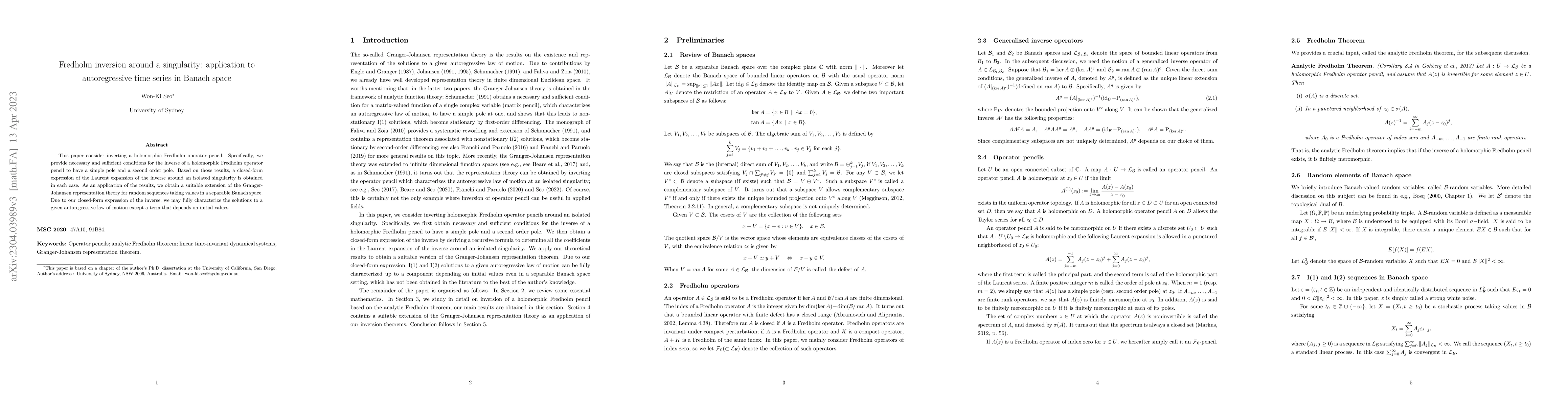 Thumbnail for Fredholm inversion around a singularity: application to autoregressive
  time series in Banach space