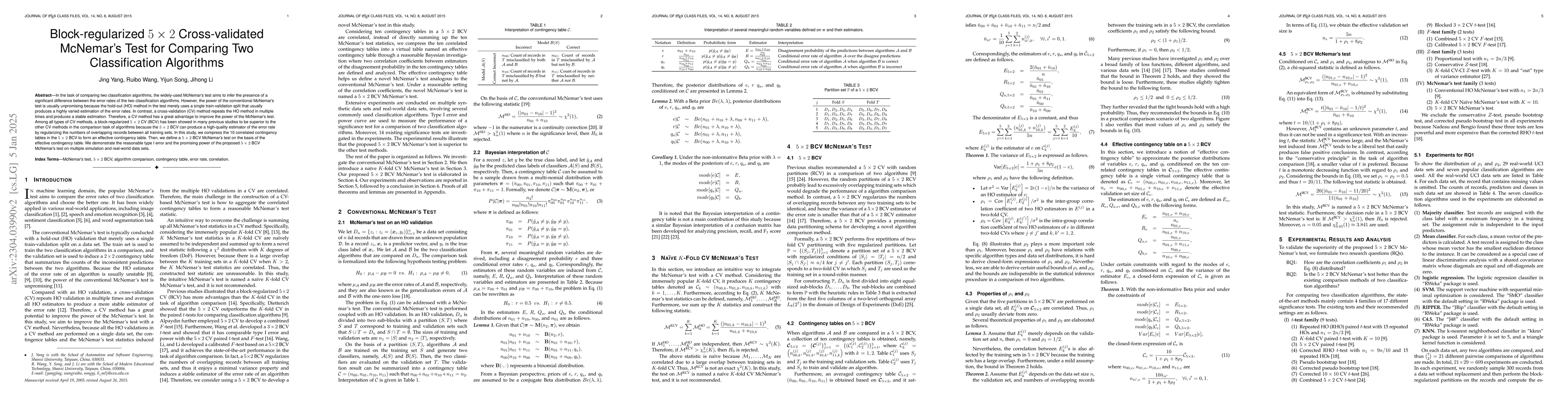 Thumbnail for Block-regularized 5$\times$2 Cross-validated McNemar's Test for
  Comparing Two Classification Algorithms