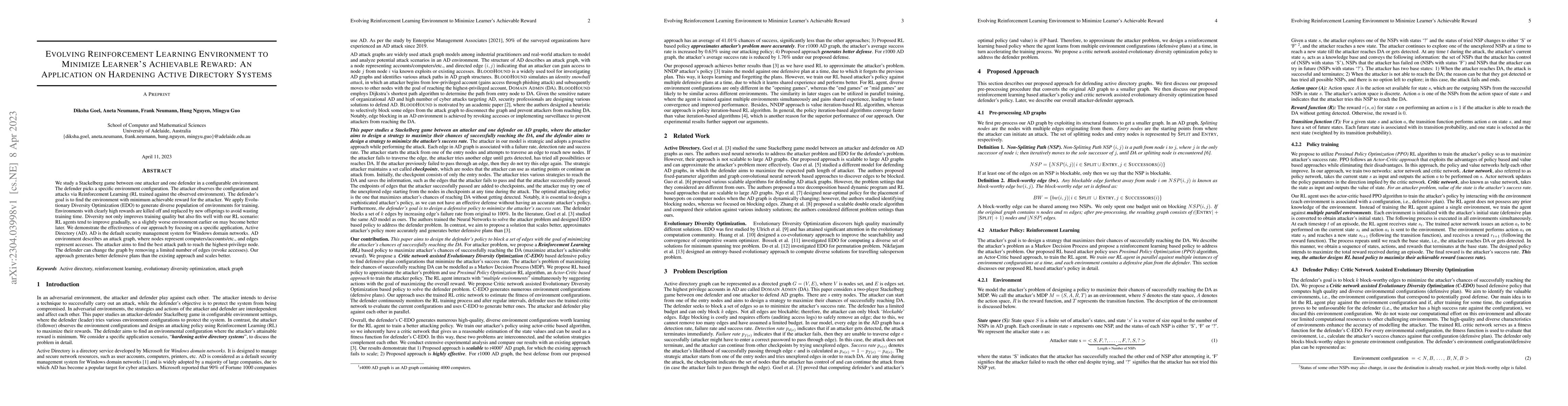 Thumbnail for Evolving Reinforcement Learning Environment to Minimize Learner's
  Achievable Reward: An Application on Hardening Active Directory Systems