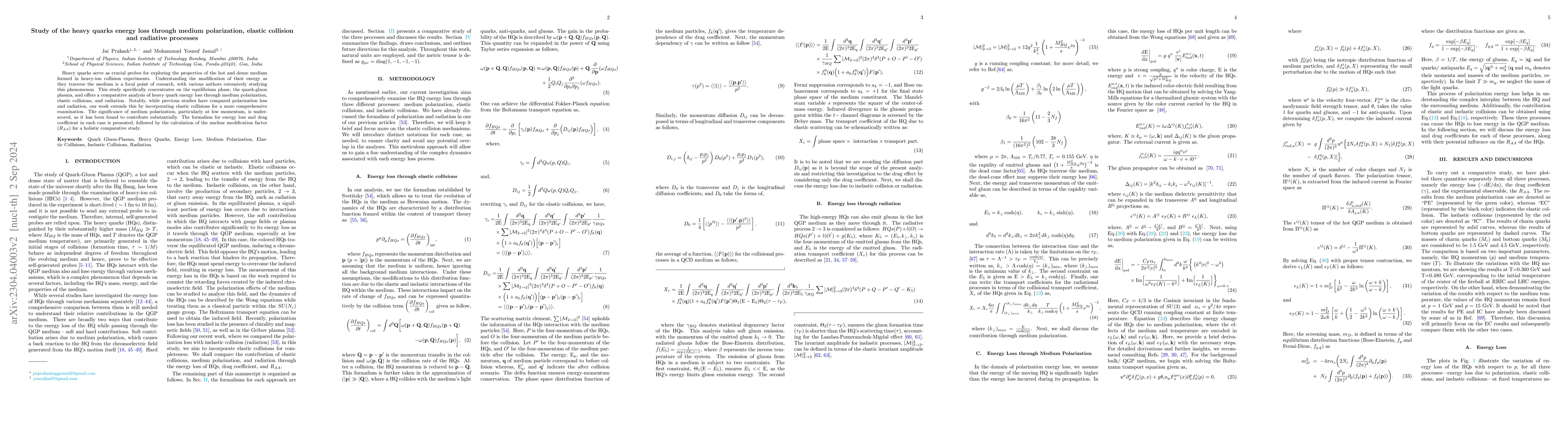 Thumbnail for Study of the heavy quarks energy loss through medium polarization,
  elastic collision and radiative processes